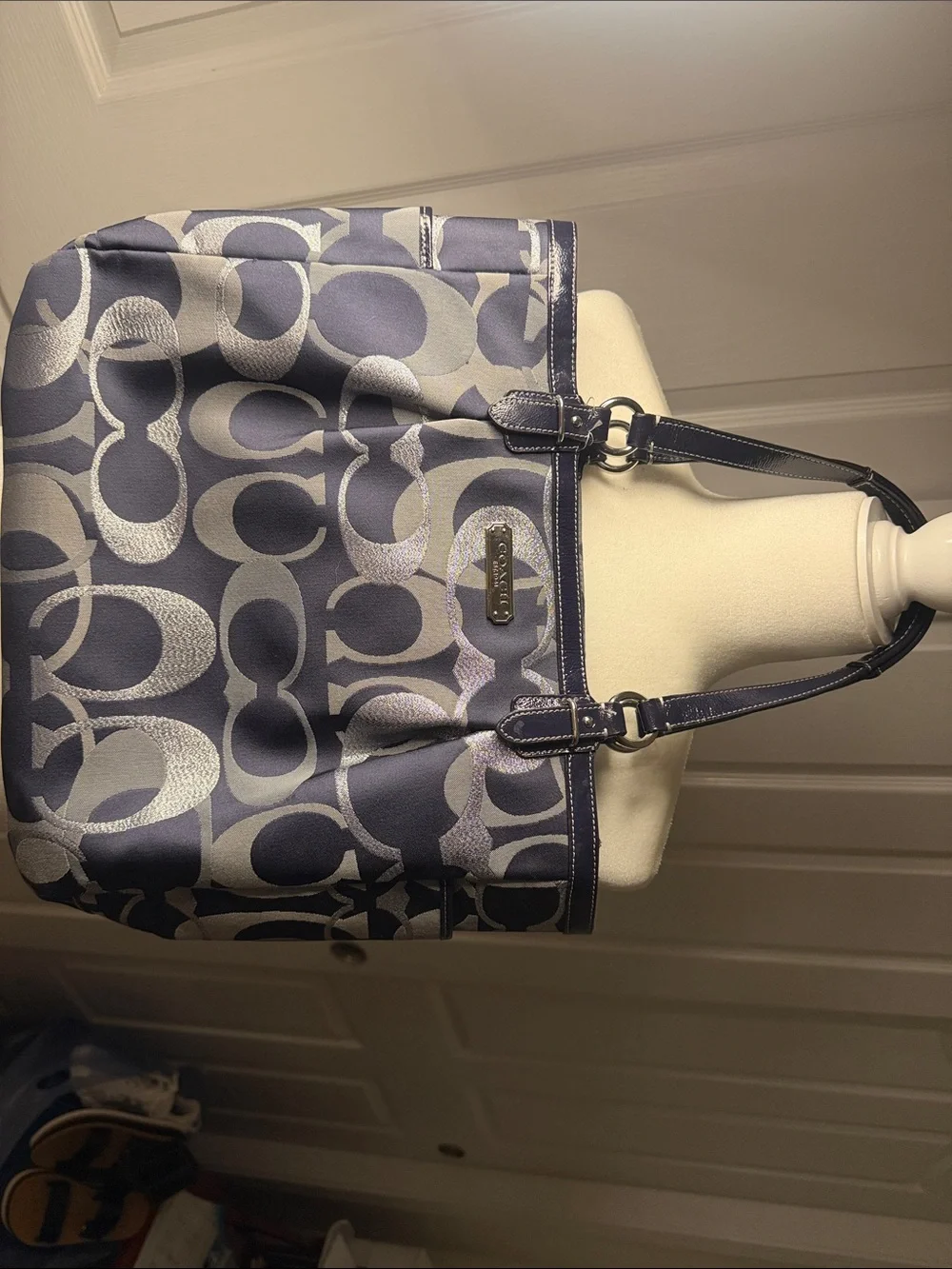 Coach Monogram Tote in Navy and Silver